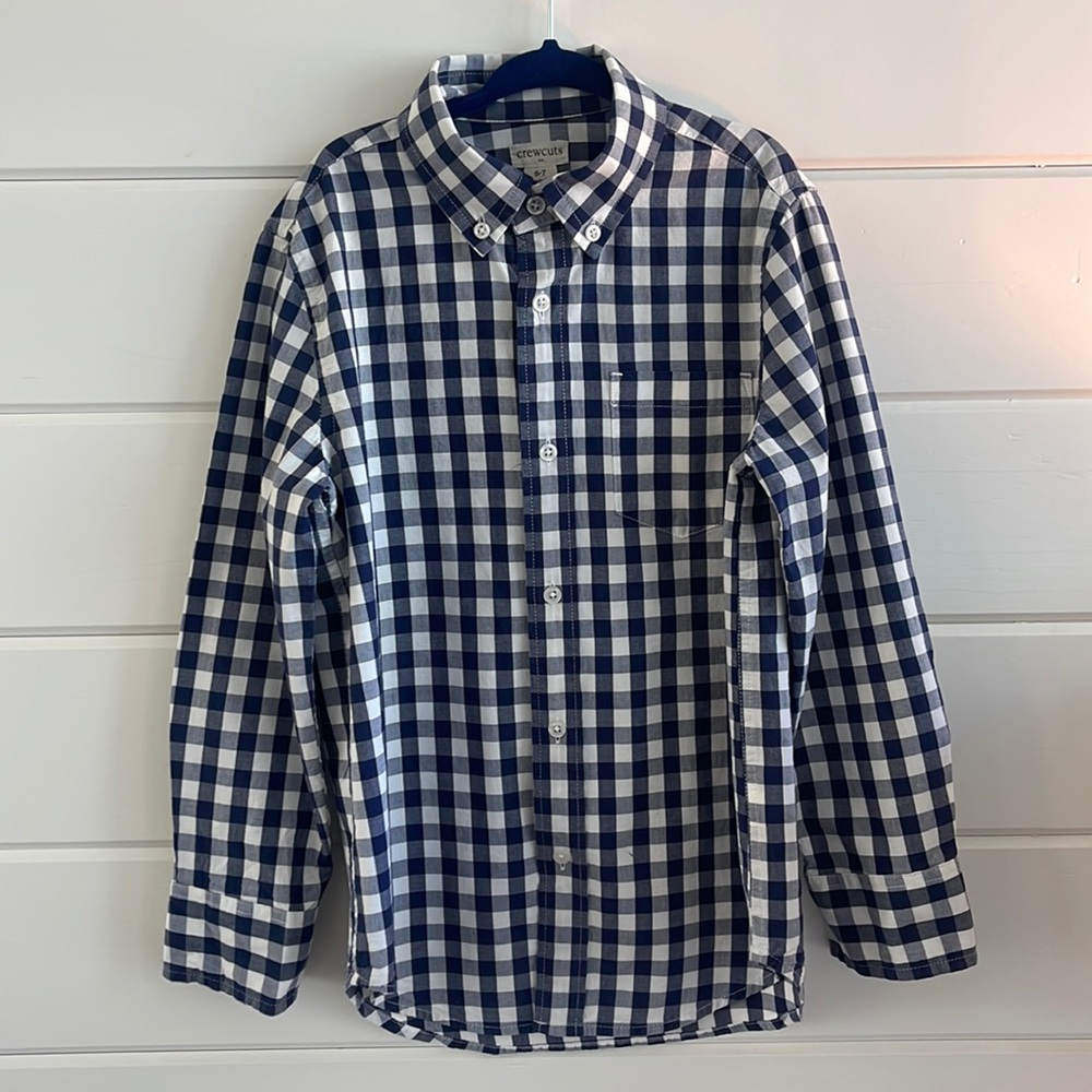 Boys Crewcuts Blue/White Checkered Button Down Shirt. Size 6/7.